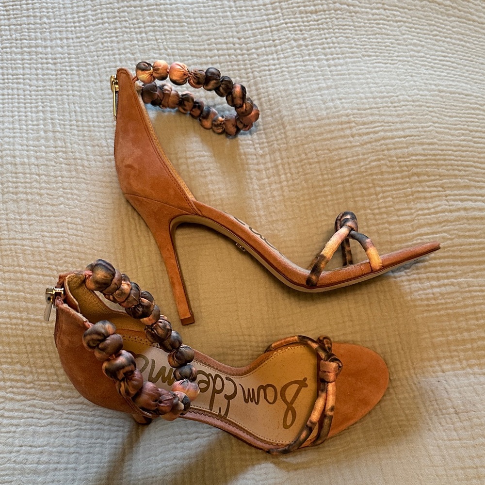 Brand New Sam Edelman Tan Beaded Ankle Strap Heels